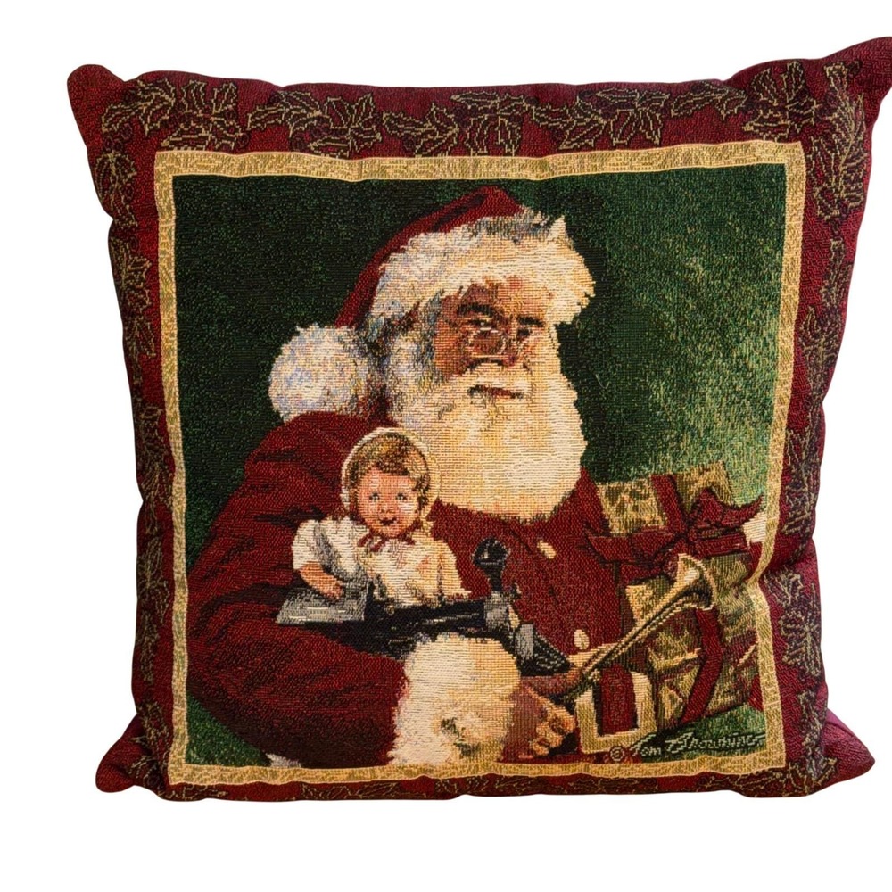 Vintage Tom Browning 90s Santa Claus Woven Tapestry Christmas Pillow 16x16"